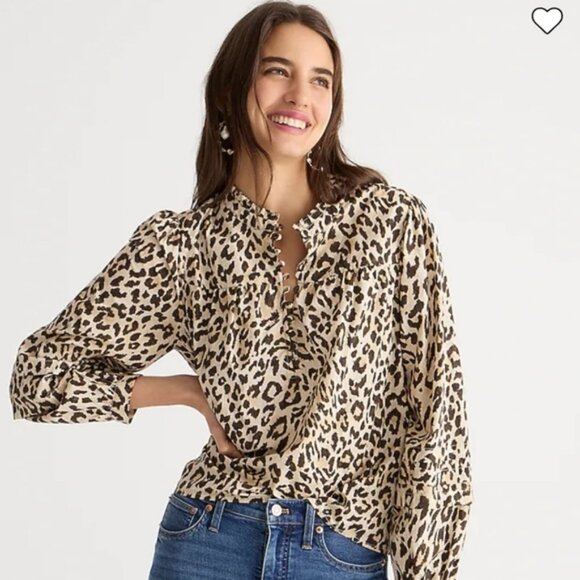 J.CREW Leopard Animal Print Half Button Front Ruffle Collar Preppy Blouse Top XS - Picture 1 of 9